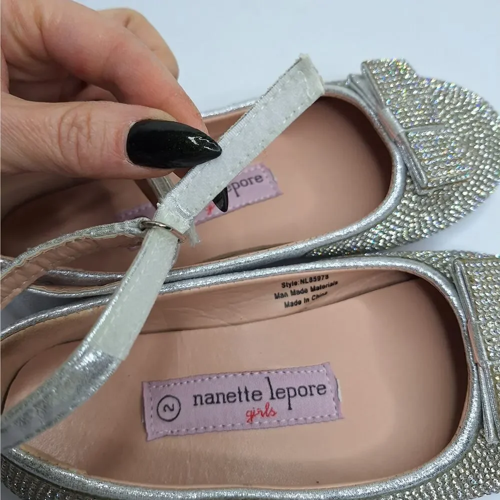 Nanette Lepore Girls Glitter Ballet Flats 2 Party Shoes Bling Rhinestone Bows